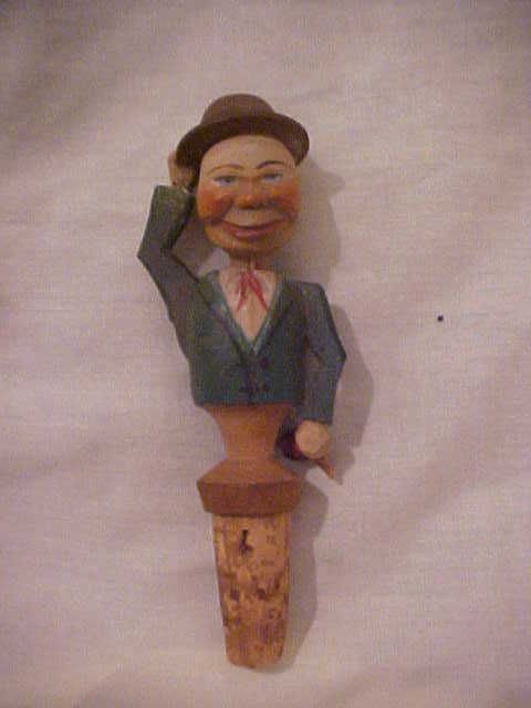 ANTIQUE WOODEN ANIMATED BOTTLE STOPPER MAN FIGURINE  