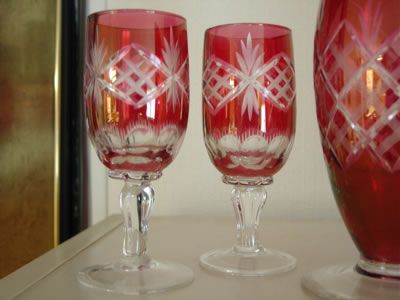 Pc Ruby Red Cordial Set Crystal Decanter 5 Cordials  