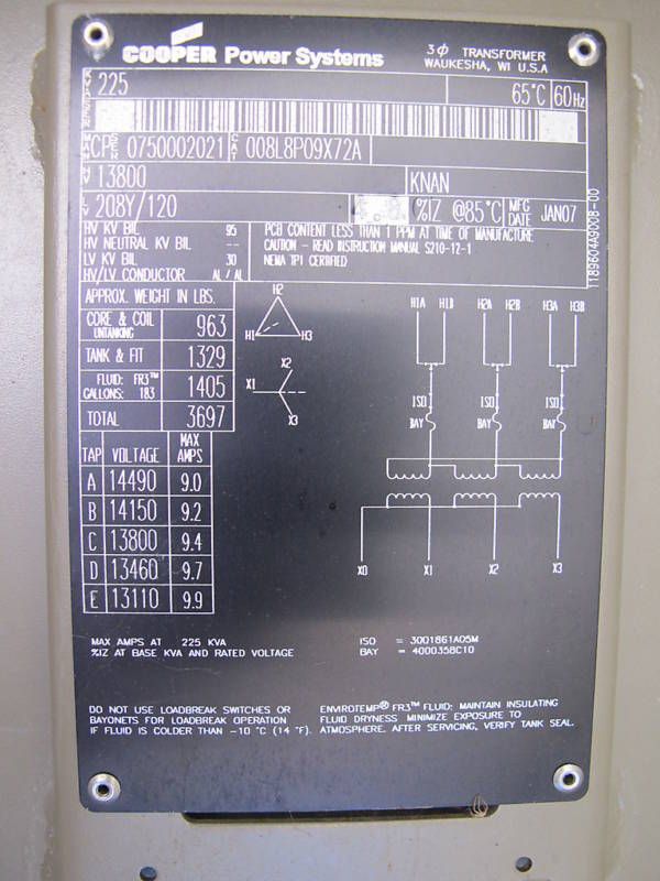 Cooper 225 KVA 13800 X 120/208 3PH PADMOUNT TRANSFORMER  