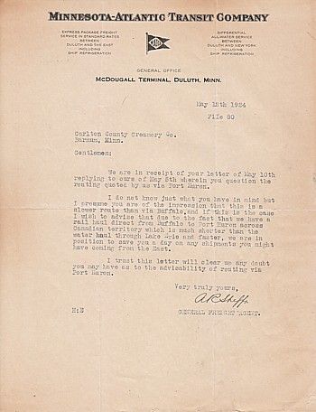 1924 Letterhead Minnesota Atlantic Transfer Co Duluth  