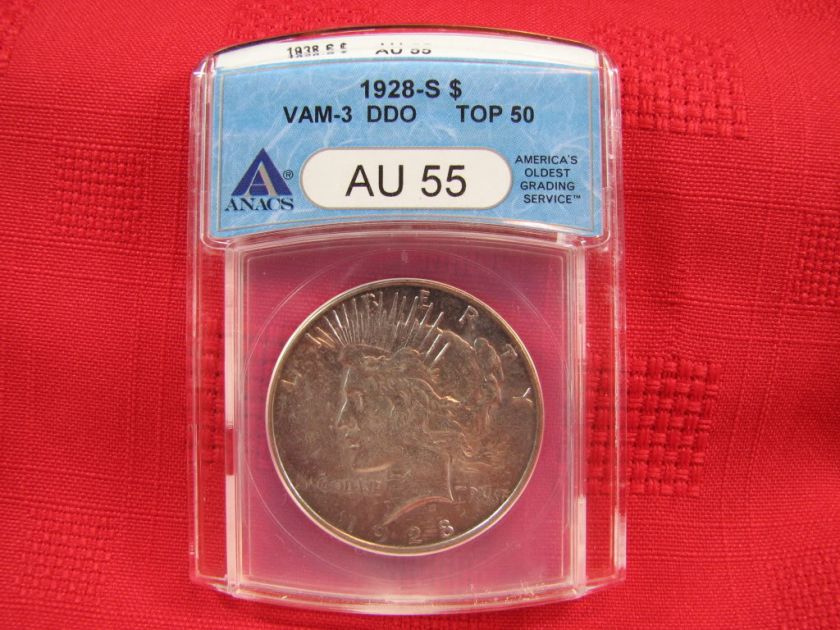 1928 S PEACE SILVER DOLLAR VAM3 DDO TOP 50 ANACS AU55  