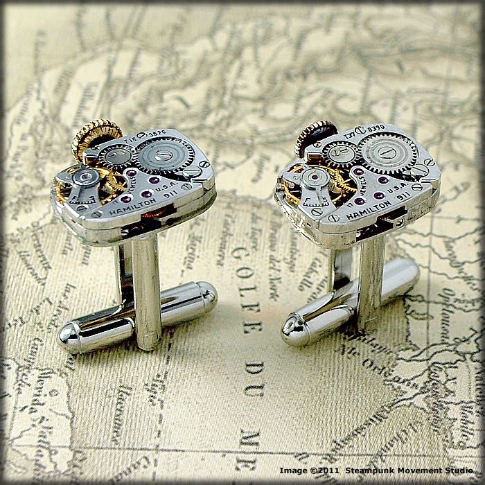 Steampunk Cufflinks   Matching Vintage Watch Movement  