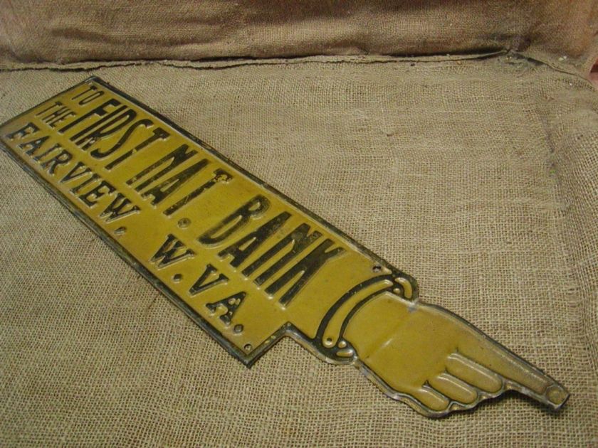 RARE Vintage First National Bank Sign Antique Old Embossed Arm Finger 