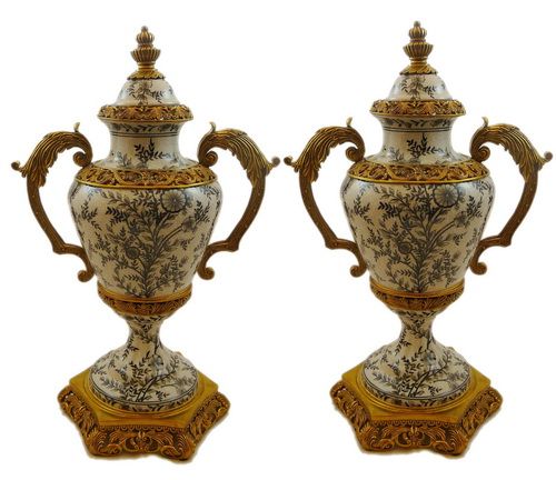 Imari Porcelain Style Pair Vase W. Brass Handles Black  