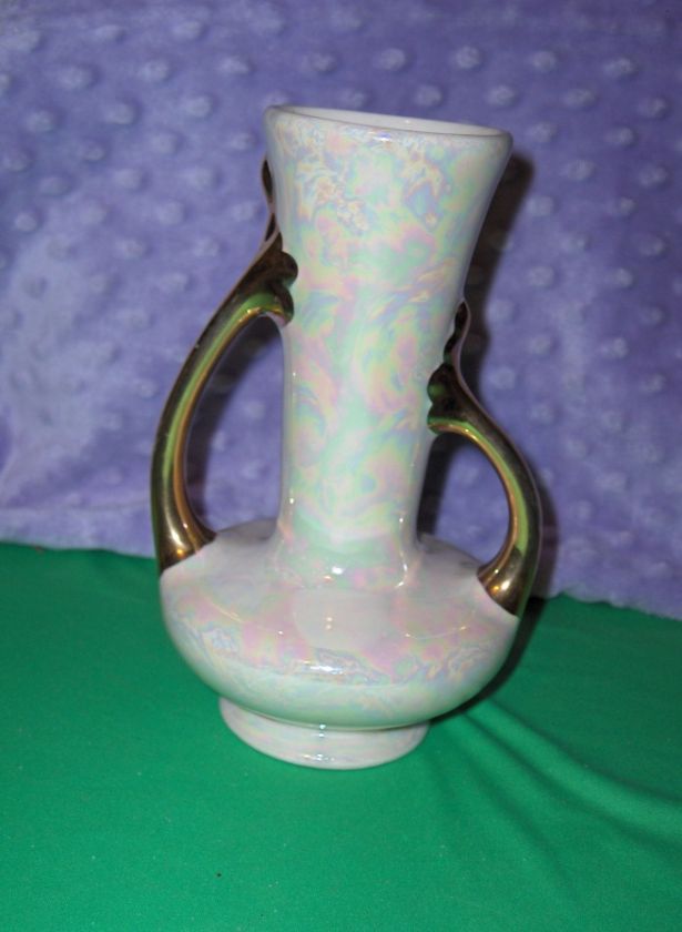 Vintage Pearl China Co Iridescent 22 K Gold Art Deco Handled Urn Vase 