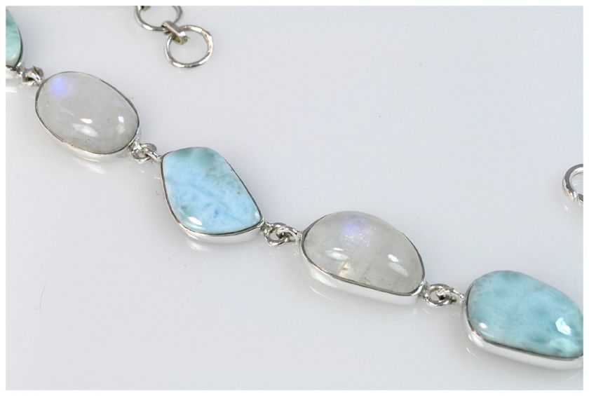 Larimar & Rainbow Moonstone 925 Sterling Silver Bracelet 7   8.1 