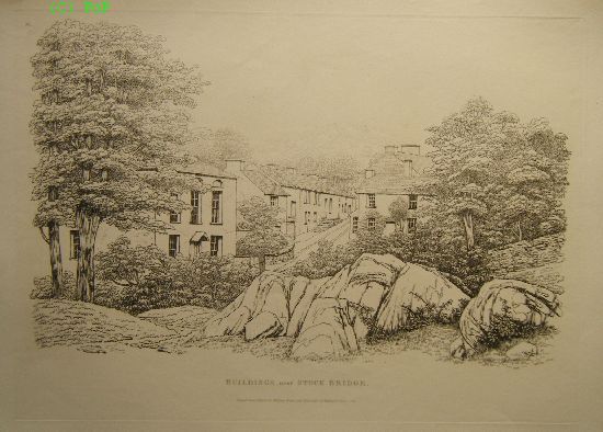 WILLIAM GREEN Buildings near Stockbridge 1821 etching  