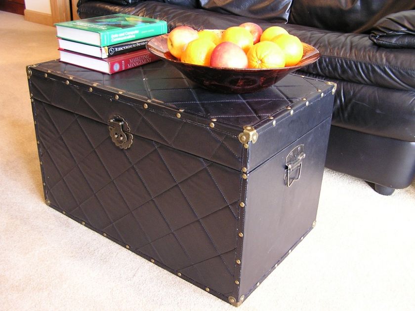 Black Faux Leather Wood Storage Trunk Wooden Chest Set  