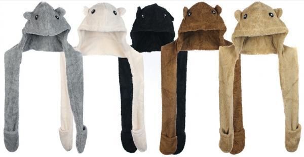 LADIES ALL IN ONE POCKETS TEDDY BEAR ANIMAL WOMENS SNOOD HATS SCARFS 