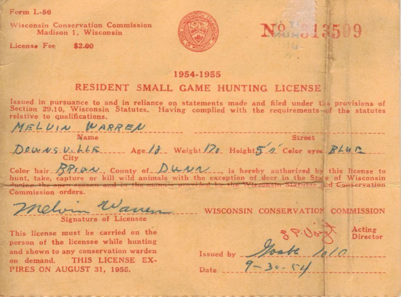 Rare 1954 Wisconsin Resident Small Game Hunting License  