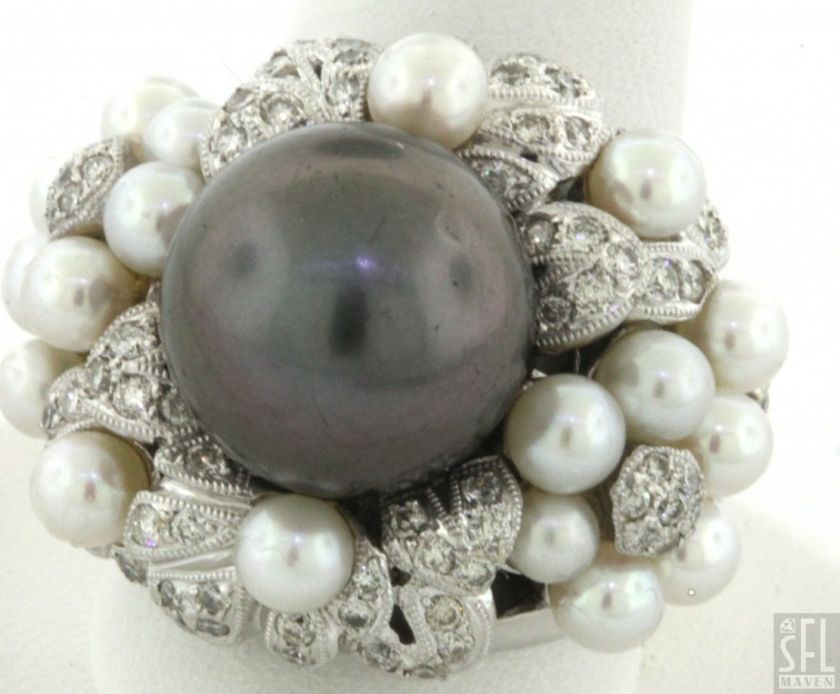 HEAVY 18K WHITE GOLD 0.85CT DIAMOND 12MM GRAY PEARL COCKTAIL RING 