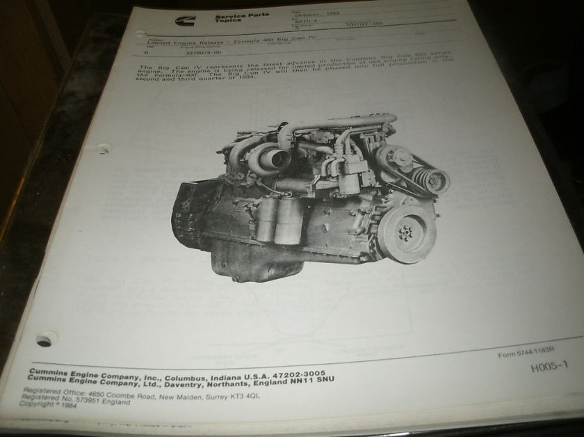   CUMMINS FORMULA 400 BIG CAM IV ENGINE SERVICE BULLETIN PACKET  