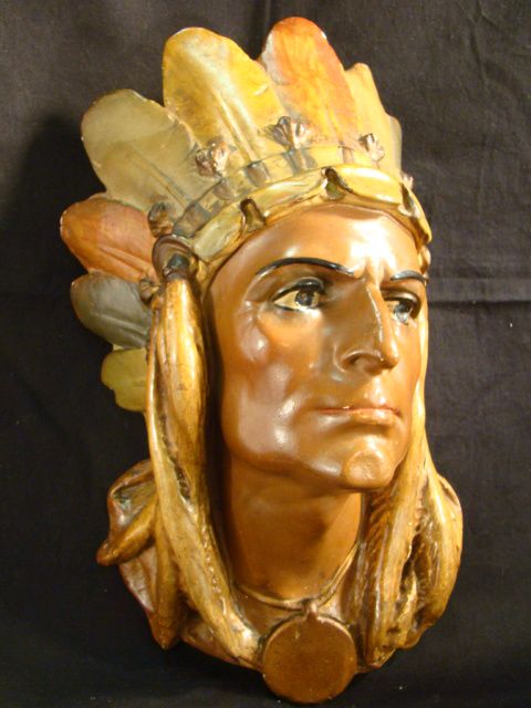   Old CHALKWARE Figural INDIAN CHIEF Bust WALL PLAQUE Statue  