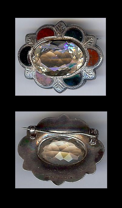 ANTIQUE VICTORIAN SCOTTISH AGATE & CRYSTAL STERLING SILVER PIN  