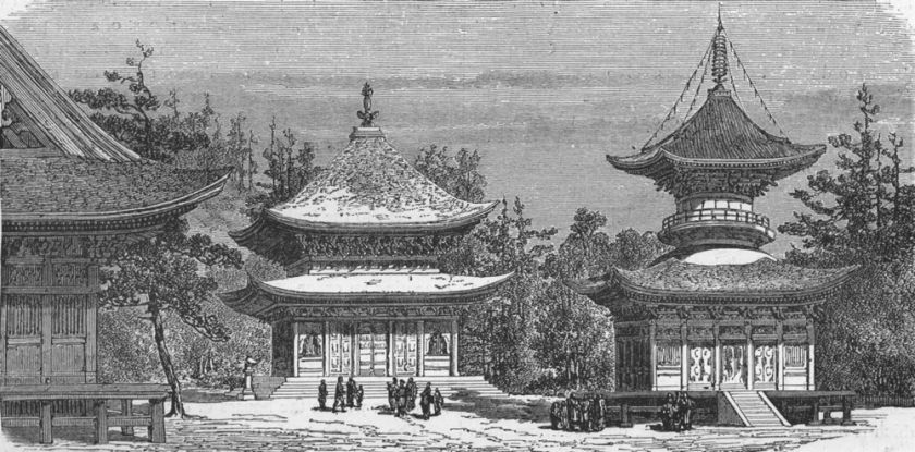JAPAN Temple of Hatchiman, Kamakura, antique print, 1880  
