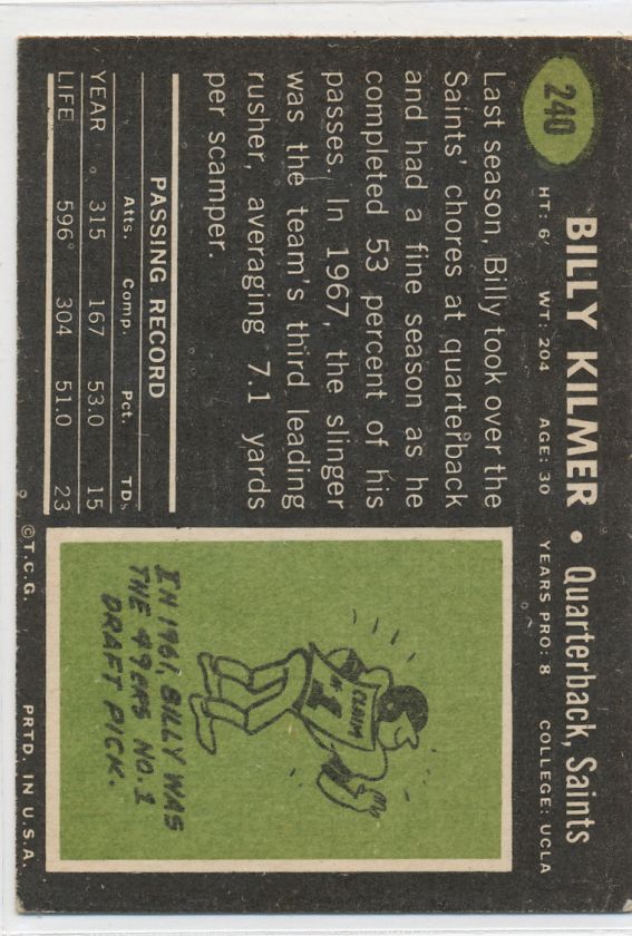 1969 Topps Billy Kilmer #240 EX Saints  