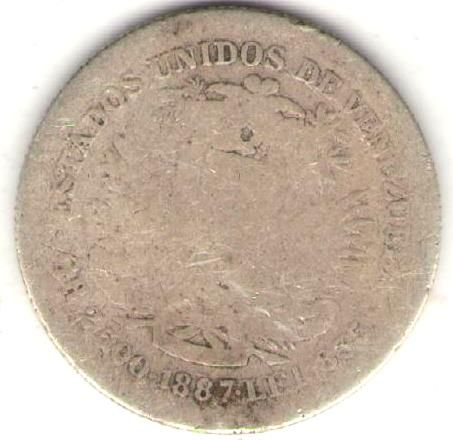 VENEZUELA COIN 1/2 BOLIVAR 1887 VG+  