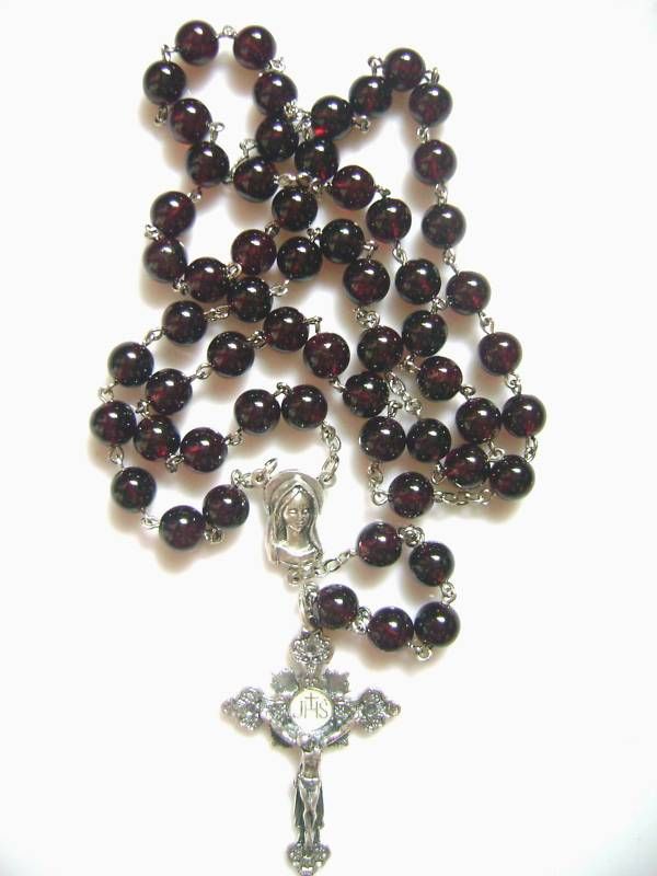 Sterling 925 Silver AAA8mm Garnet Gemstone ROSARY CROSS  