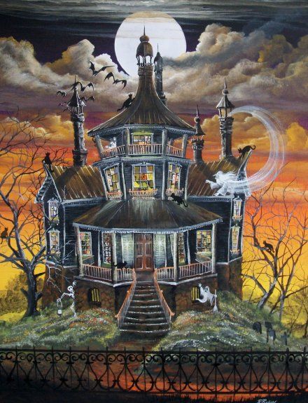 Folk Art Halloween October Haunted House Ghosts Witch  