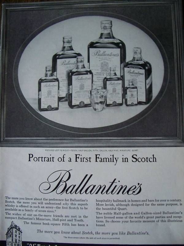 1960 BALLANTINES First Family in Scotch Bottle Ad  