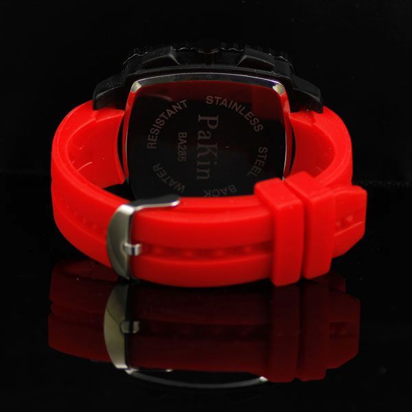 New Mens Sport Square Big Dial Red Rubber Silicon Band Wrist Watch 