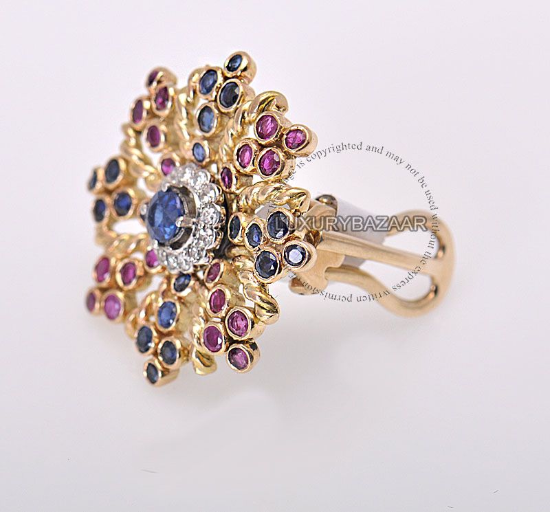 Estate Gold Diamond Ruby Sapphire 1940 Floral Earrings  
