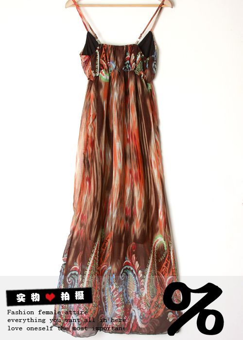   Vintage Floral Coffee Long Chiffon BOHO maxi Beach Dress New ZC66