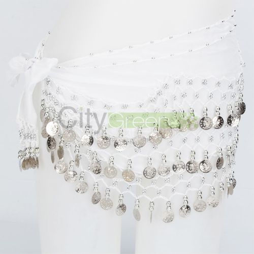 Belly Dance Hip Skirt Scarf Wrap Belt With 128 Silver Coins White 