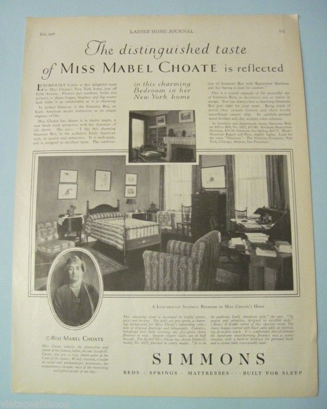 1928 Vintage SIMMONS Bedroom MISS MABEL CHOATE 20s Ad  