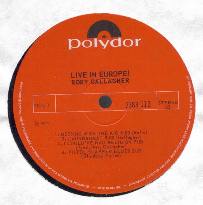 Rory Gallagher Live In Europe LP VG+/VG++ Canada  