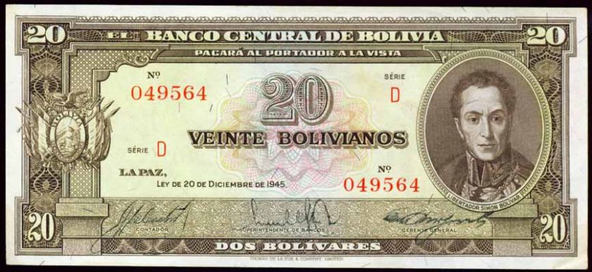 BOLIVIA BEAUTY BANCO CENTRAL 20 BOLIVIANOS 1945 NOTE NR  