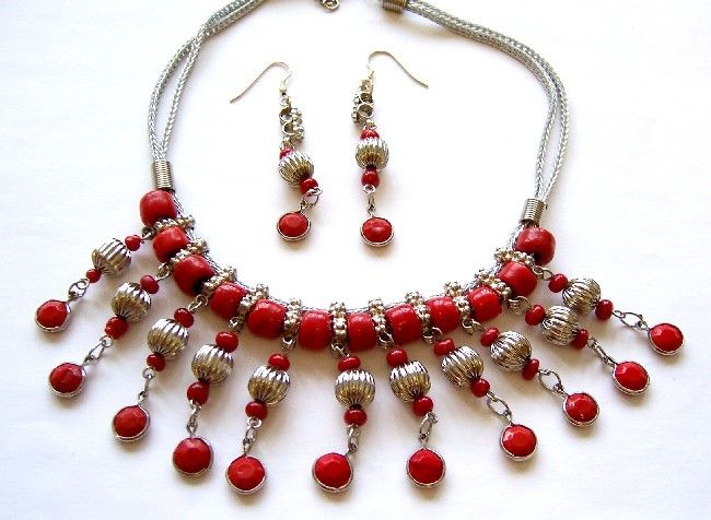 Bollywood Asian belly dance necklace earring set red  