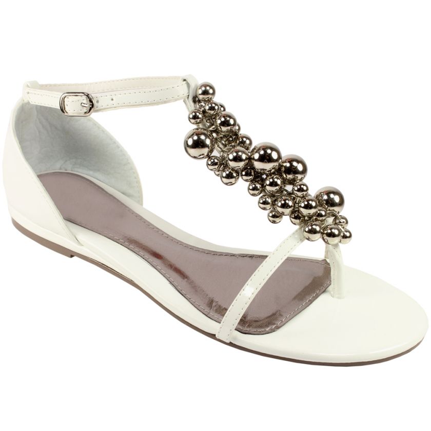 WOMENS FLAT SANDAL SILVER BALL TBAR ANKLE STRAP NEW 3 8  