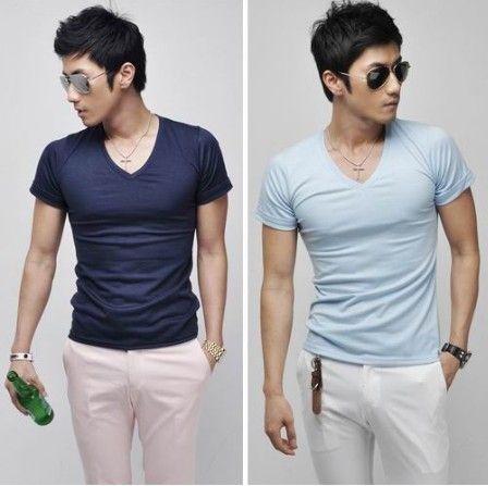 2012 Men slim fit v neck solids short t shirts summer tees tops 5 