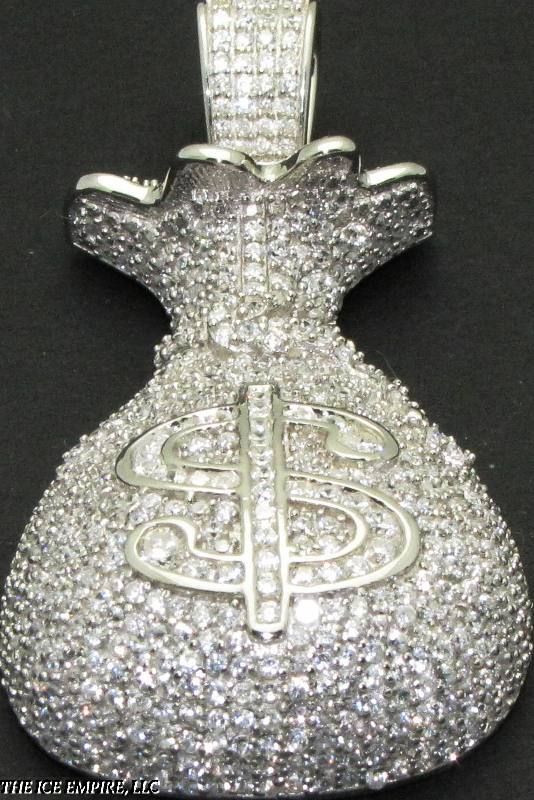 MENS STERLING SILVER LOADED SIMULATED $ BAG PENDANT  