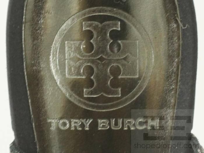 Tory Burch Black Satin & Gunmetal Leather Jeweled Slingback Flats Size 