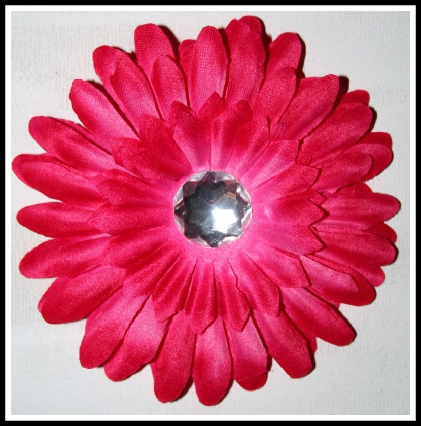 RHINESTONE GERBER DAISY FLOWER W/CLIP BOW SHOCK PINK  