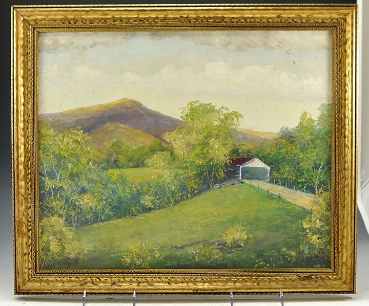 Nice F. Nielsen Covered Bridge Pastoral Scene Oil on Canvas Framed 