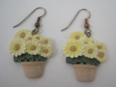 Unique Yellow Plastic Sunflower Flower Pot Pierced Earrings ~Great 