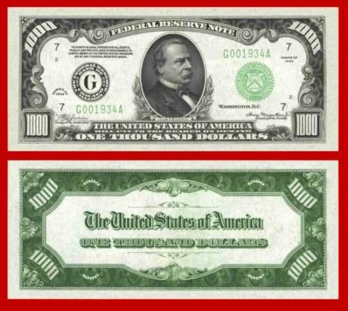 1934 $1,000 CLEVELAND F. R. NOTE   OVERSIZED COPY  