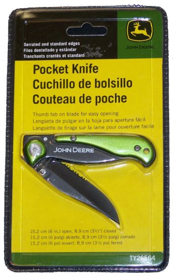 JOHN DEERE POCKET KNIFE SERRATED AND STANDARD ANODIZED GREEN TRIM NEW 