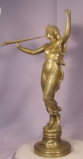 Antique Bronze Lady Blowing Horns Eugene Marioton  