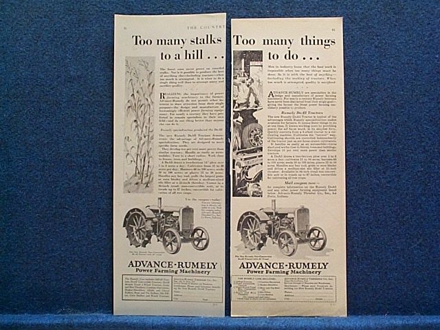 1930 Farm Tractor ~(2) Advance Rumely Ads   La Porte IN  