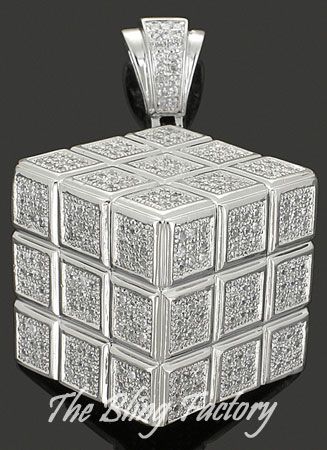 Mens 925 Sterling Silver Pave Rubiks Cube Pendant Charm  