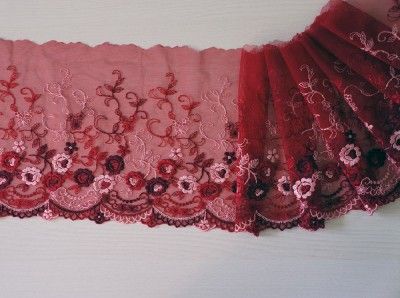 deep red embroidered tulle mesh lace  per yard  