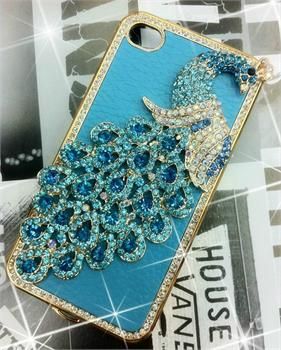 New Blue leather Luxury Peacock Rhinestone Case Cover for iPhone 4 4G 