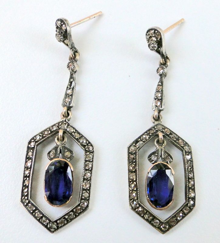 VINTAGE DIAMOND KYANITE GEMSTONE GOLD EARRING PAIR  