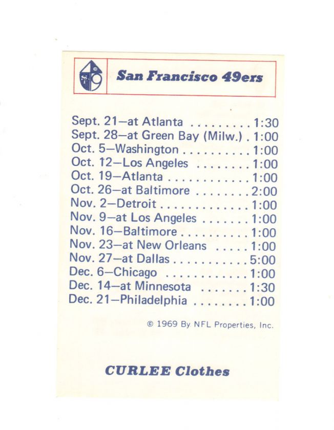 1969 SAN FRANCISCO 49ERS TEAM ROSTER & SCHEDULE  