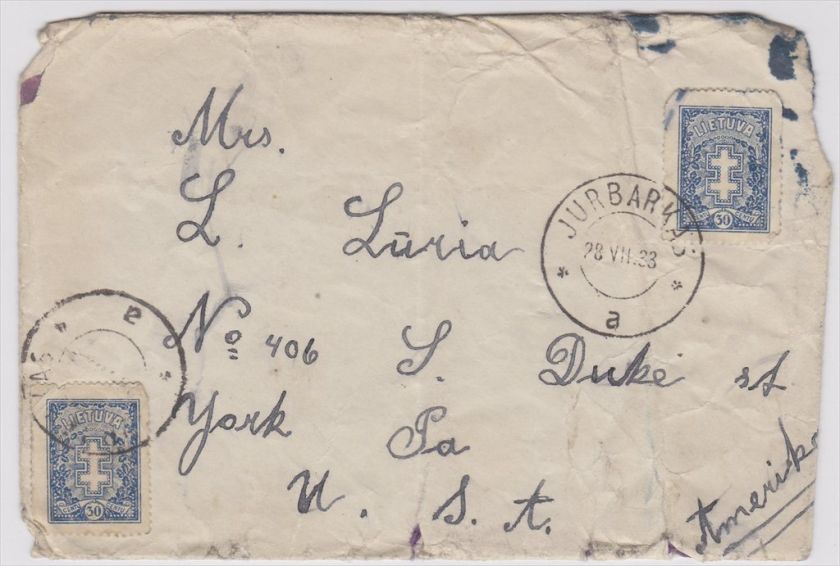 Lithuania to US 1933 Cover Jurbarkas Cancels  