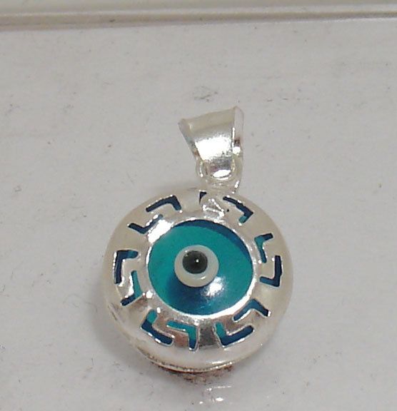 Greek Key Evil Eye Charm Pendant 925 Sterling Silver  